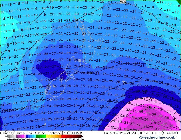 Z500/Yağmur (+YB)/Z850 ECMWF Sa 28.05.2024 00 UTC