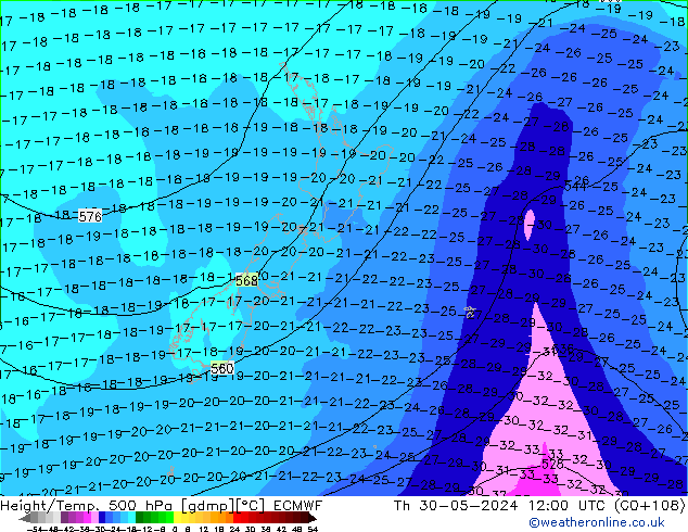 Z500/Rain (+SLP)/Z850 ECMWF gio 30.05.2024 12 UTC