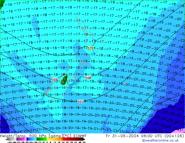 Height/Temp. 500 hPa ECMWF Fr 31.05.2024 06 UTC