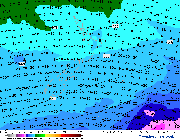 Z500/Yağmur (+YB)/Z850 ECMWF Paz 02.06.2024 06 UTC