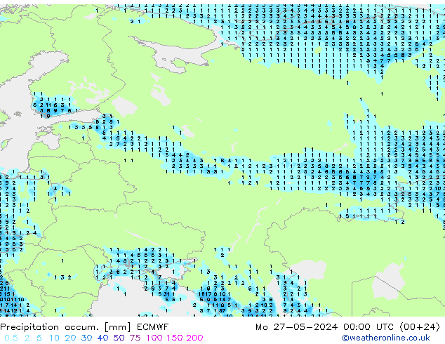 Precipitation accum. ECMWF Seg 27.05.2024 00 UTC