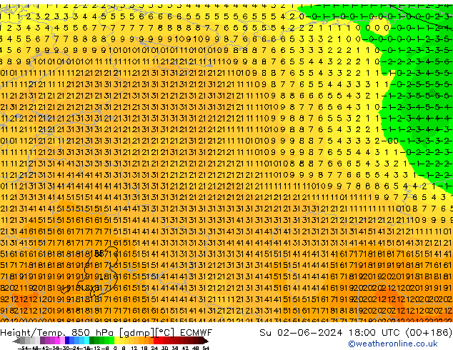 Yükseklik/Sıc. 850 hPa ECMWF Paz 02.06.2024 18 UTC