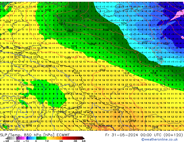 SLP/Temp. 850 hPa ECMWF pt. 31.05.2024 00 UTC