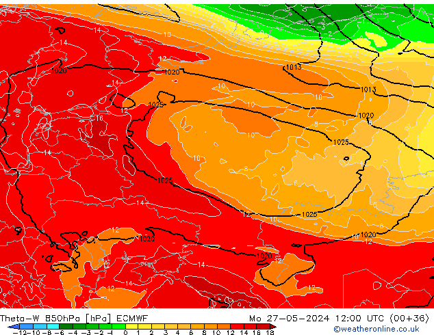 Theta-W 850hPa ECMWF pon. 27.05.2024 12 UTC