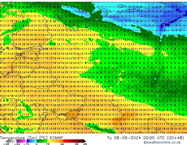 Temperatuurkaart (2m) ECMWF di 28.05.2024 00 UTC