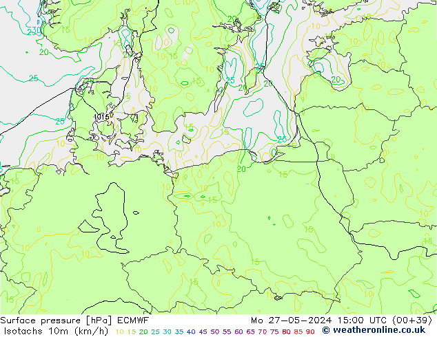 Isotachen (km/h) ECMWF ma 27.05.2024 15 UTC