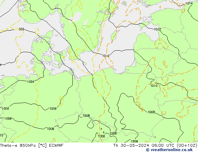 Theta-e 850hPa ECMWF Qui 30.05.2024 06 UTC