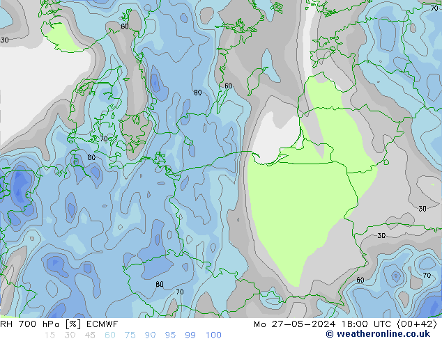 Humedad rel. 700hPa ECMWF lun 27.05.2024 18 UTC