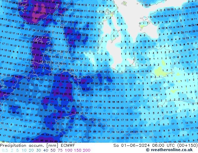 Precipitation accum. ECMWF Sa 01.06.2024 06 UTC