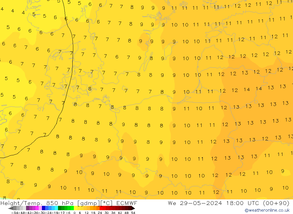 Geop./Temp. 850 hPa ECMWF mié 29.05.2024 18 UTC