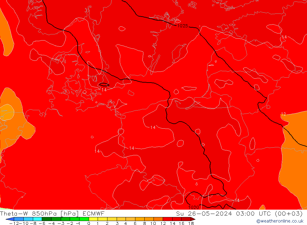 Theta-W 850hPa ECMWF nie. 26.05.2024 03 UTC