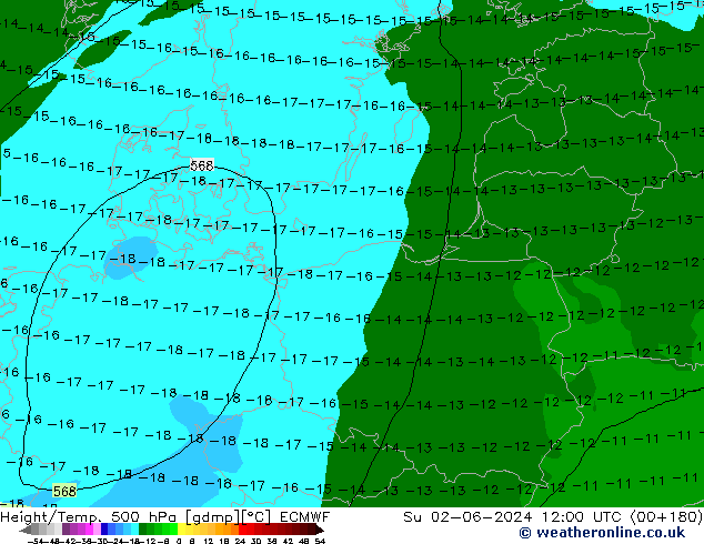 Z500/Rain (+SLP)/Z850 ECMWF Вс 02.06.2024 12 UTC