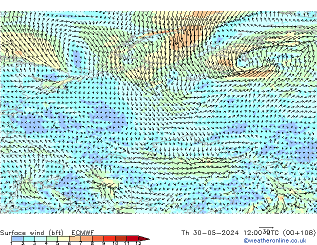 Wind 10 m (bft) ECMWF do 30.05.2024 12 UTC