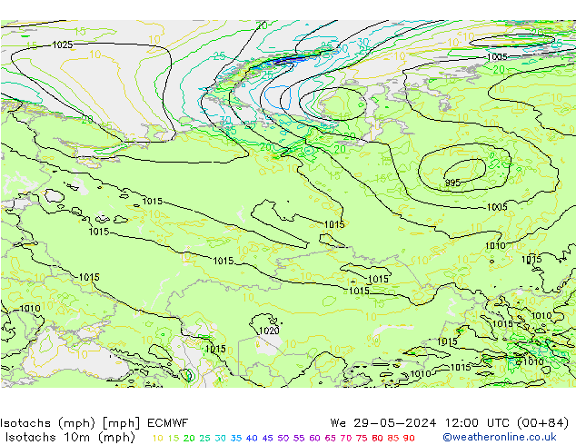 Isotachs (mph) ECMWF  29.05.2024 12 UTC