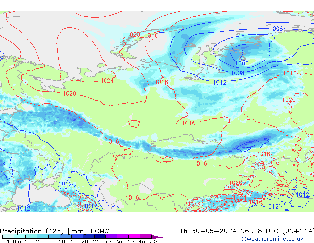 Precipitation (12h) ECMWF Čt 30.05.2024 18 UTC