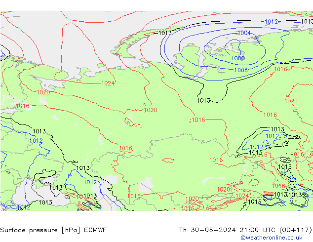 Surface pressure ECMWF Th 30.05.2024 21 UTC