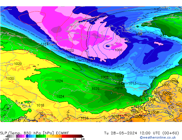 SLP/Temp. 850 hPa ECMWF Ter 28.05.2024 12 UTC