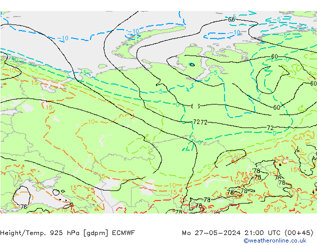 Height/Temp. 925 hPa ECMWF Seg 27.05.2024 21 UTC