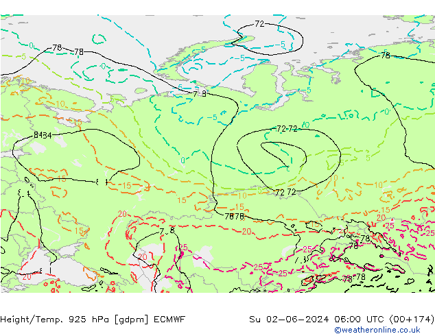 Yükseklik/Sıc. 925 hPa ECMWF Paz 02.06.2024 06 UTC