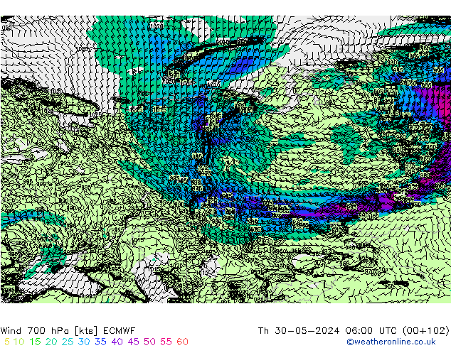 Wind 700 hPa ECMWF Čt 30.05.2024 06 UTC