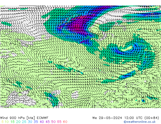 Vento 900 hPa ECMWF mer 29.05.2024 12 UTC