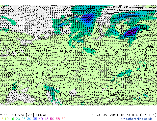 Wind 950 hPa ECMWF Čt 30.05.2024 18 UTC