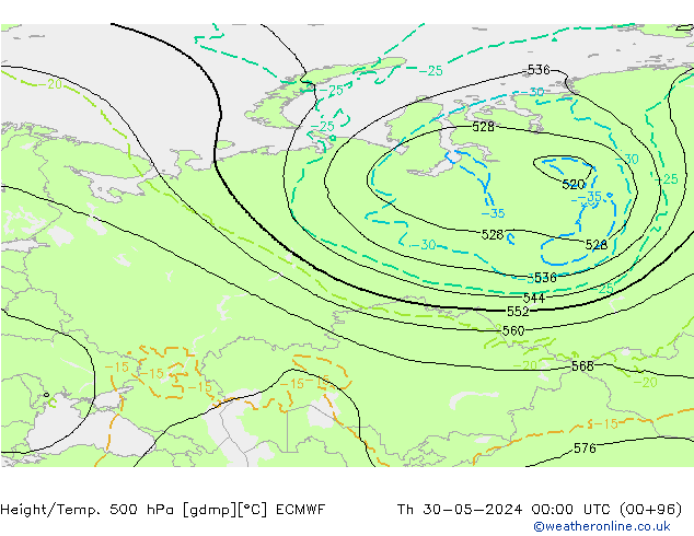 Height/Temp. 500 hPa ECMWF Čt 30.05.2024 00 UTC