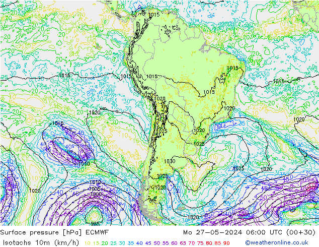 Isotachs (kph) ECMWF Mo 27.05.2024 06 UTC