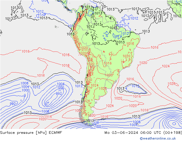 pressão do solo ECMWF Seg 03.06.2024 06 UTC