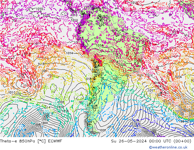 Theta-e 850hPa ECMWF Su 26.05.2024 00 UTC