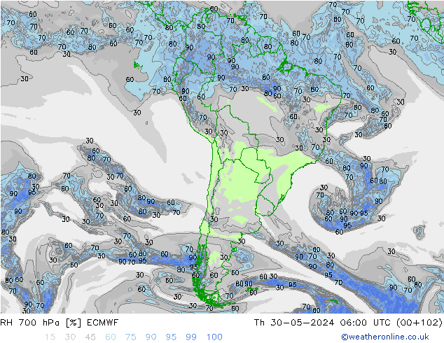 RH 700 hPa ECMWF  30.05.2024 06 UTC