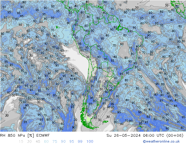 Humedad rel. 850hPa ECMWF dom 26.05.2024 06 UTC