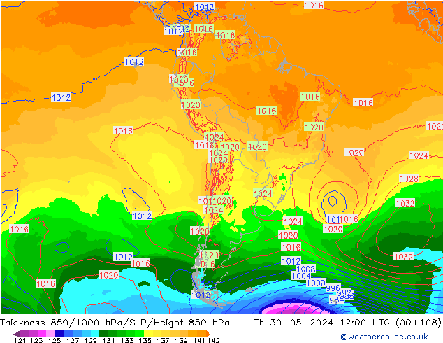 Thck 850-1000 hPa ECMWF gio 30.05.2024 12 UTC