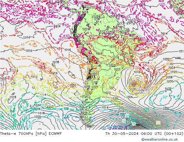 Theta-e 700hPa ECMWF  30.05.2024 06 UTC