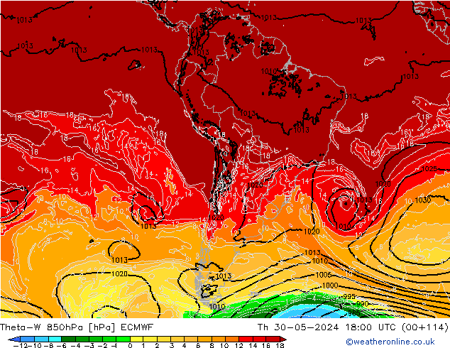 Theta-W 850hPa ECMWF Čt 30.05.2024 18 UTC