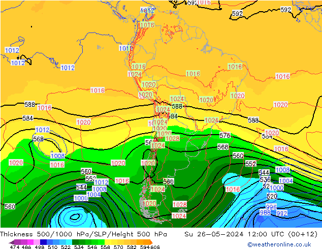 Espesor 500-1000 hPa ECMWF dom 26.05.2024 12 UTC