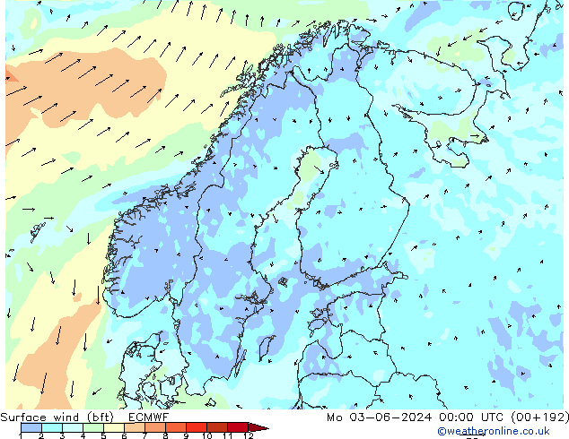 Surface wind (bft) ECMWF Mo 03.06.2024 00 UTC