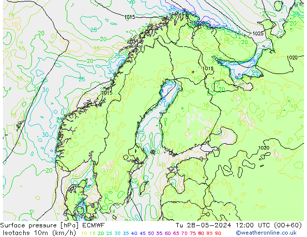 Isotachs (kph) ECMWF Tu 28.05.2024 12 UTC