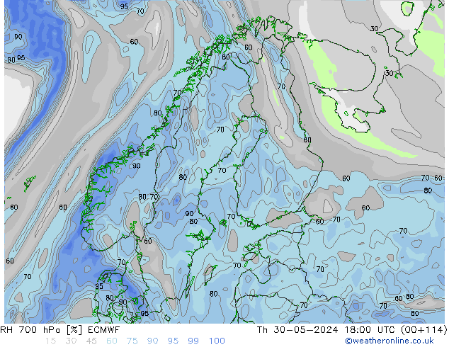 RH 700 hPa ECMWF  30.05.2024 18 UTC