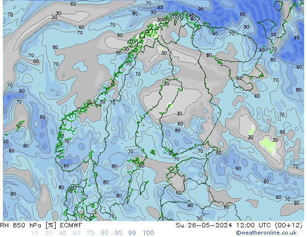 Humedad rel. 850hPa ECMWF dom 26.05.2024 12 UTC