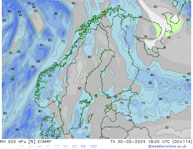 RH 925 hPa ECMWF czw. 30.05.2024 18 UTC