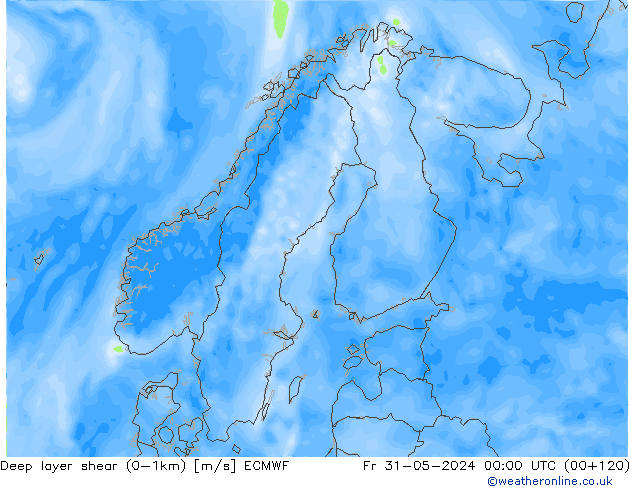 Deep layer shear (0-1km) ECMWF ven 31.05.2024 00 UTC