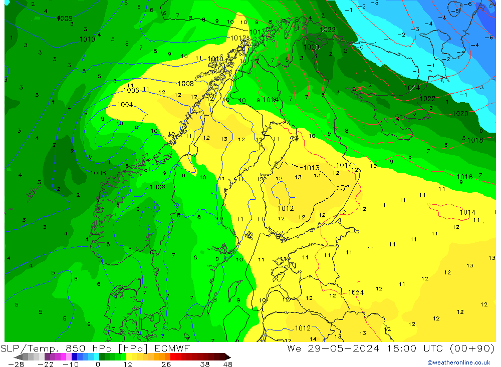 SLP/Temp. 850 hPa ECMWF St 29.05.2024 18 UTC