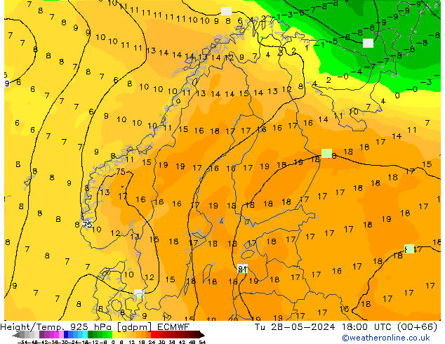 Height/Temp. 925 hPa ECMWF Tu 28.05.2024 18 UTC