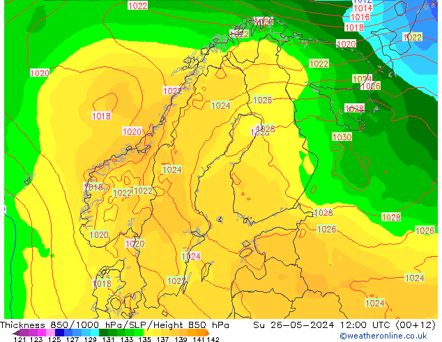 Schichtdicke 850-1000 hPa ECMWF So 26.05.2024 12 UTC