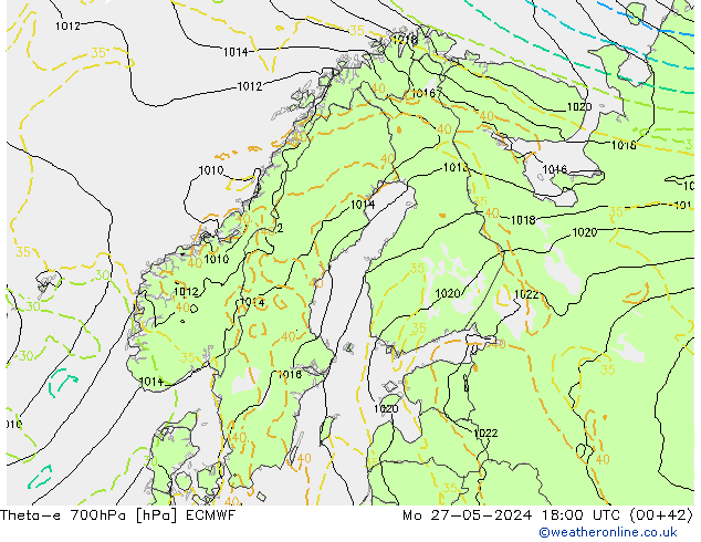 Theta-e 700hPa ECMWF lun 27.05.2024 18 UTC