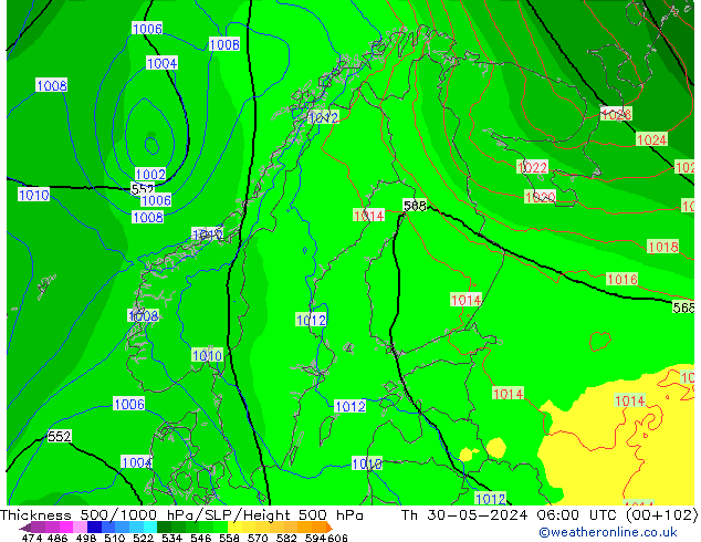 Espesor 500-1000 hPa ECMWF jue 30.05.2024 06 UTC