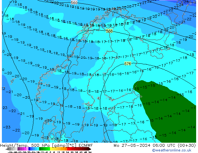 Z500/Rain (+SLP)/Z850 ECMWF pon. 27.05.2024 06 UTC