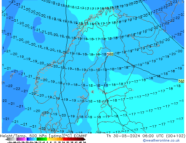 Z500/Rain (+SLP)/Z850 ECMWF Čt 30.05.2024 06 UTC