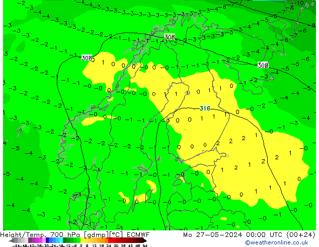 Height/Temp. 700 hPa ECMWF Mo 27.05.2024 00 UTC